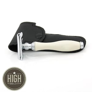 Handmade Double Edge Safety Razor & Travel Leather Razor Case Replaceable Double Edge Men&#39;s Razor for Shaving