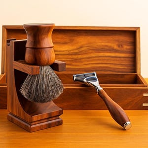 Handmade Luxury Wooden Shaving Kit for Men Black Badger Shaving Brush 5 Edge Shaving Razor Shaving Stand Wooden Box