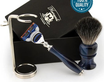 Special Edition 3pc Shaving Kit for Men Synthetic Hair Shaving Brush 5 Edge Shaving Razor Shaving Stand Vegan Royal Blue