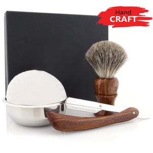 Handmade Shaving Kit for Men Rose Wood 4pc Super Badger Shaving Brush Cut Throat Razor Steel Bowl Shaving Soap-Gift for Husband