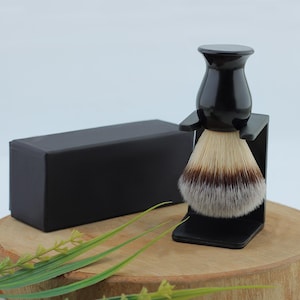 Handmade Black Synthetic Silvertip Hair Shaving Brush and Shaving Stand Gift Set Metallic Shaving Brush for Men with Plastic Shaving Stand