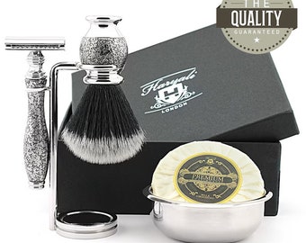 Antique Style 5pc Shaving Kit for Men Round Handle Synthetic Shaving Brush Shaving Stand Safety Razor Shaving Bowl Shaving Soap