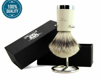 Premium Grade Silvertip Badger Shaving Brush with Chrome Brush Stand Minimalist Metallic Handle Shaving Brush for Men Ivory