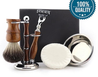 Handgemaakte houten scheerset voor heren: dassenkwast, scheermes met 3 bladen