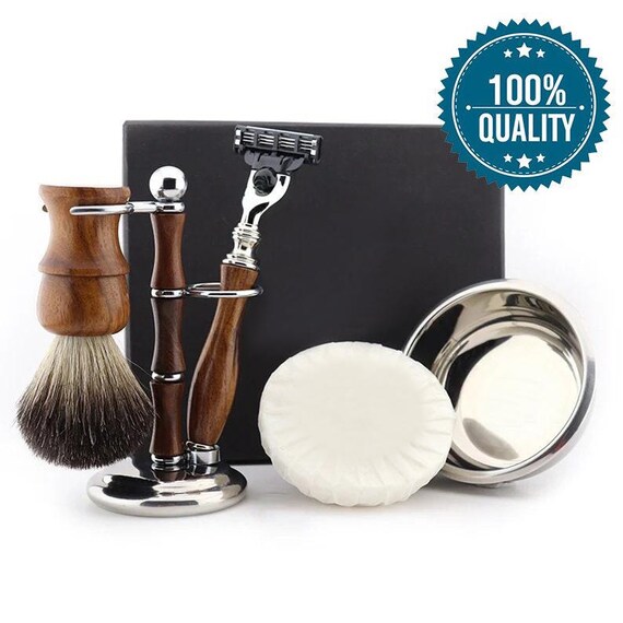 5 Piece Shaving Set 5 Edge Razors & Pure Brown Badger Brush Men's Gift