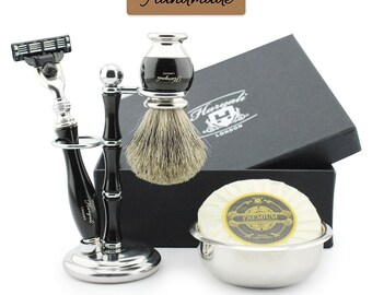 Elegant 5pc Shaving Kit for Men Badger Shaving Brush 3 Edge Razor Shaving Stand Stainless Steel Shaving Bowl & Shaving Soap Zero Waste Black