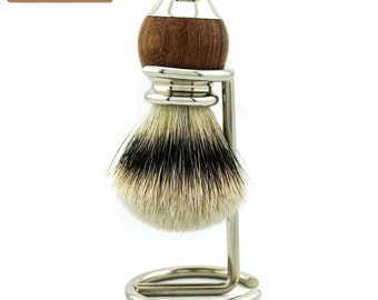 Luxury Wood and Metal Shaving Brush with Chrome Shaving Brush Stand Silvertip Badger Hair Shaving Brush for Men Hand Made Gift Set