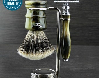 Horn Imitation 3pc Shaving Kit for Men Silvertip Badger Shaving Brush Chrome Stand Safety Razor Handmade Men's Shaving Kit