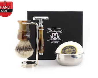 Horn Imitation 5pc Shaving Kit for Men Silvertip Badger Shaving Brush Shaving Stand Safety Razor Shaving Bowl & Soap Handmade