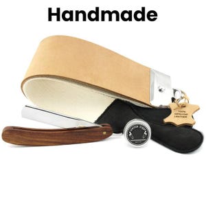 Handmade Genuine Leather Strop Wooden Cut Throat Razor with Strop Paste Razor Sharpening Strop with Handle Sharp Straight Razor Brown