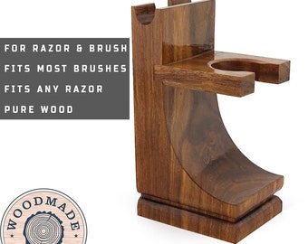 Wooden Brush and Razor Holder Vegan Shaving Brush Stand and Razor Stand Dual-Slot Shaving Stand for Quick Drying