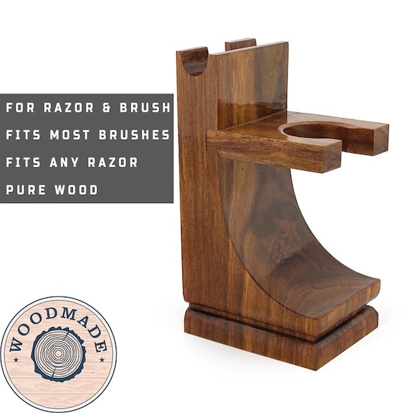 Wooden Brush and Razor Holder Vegan Shaving Brush Stand and Razor Stand Dual-Slot Shaving Stand for Quick Drying