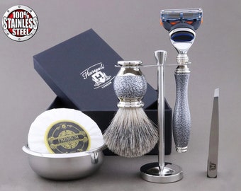 Antique Look 6pc Shaving Kit for Men Super Badger Shaving Brush Shaving Stand 5 Edge Razor Shaving Bowl & Soap Tweezer Handmade Silver