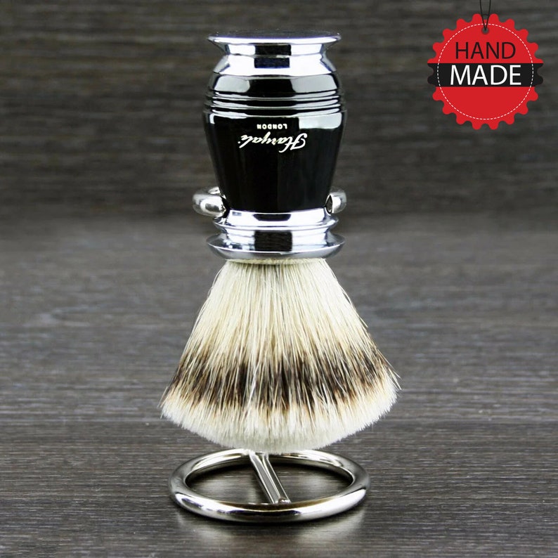 Premium Grade Silvertip Badger Shaving Brush with Chrome Brush Stand Minimalist Metallic Handle with Grooves Shaving Brush for Men Black image 2