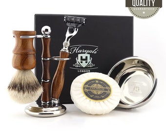 Premium Wooden 5pc Shaving Kit for Men Silvertip Badger Shaving Brush Shaving Stand 3 Edge Razor Shaving Bowl & Soap Handmade