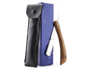 Handmade Wooden Handle Cut Throat Razor with Leather Cover
