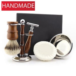 Handmade Premium Wooden 5pc Shaving Kit for Men Synthetic Silvertip Shaving Brush Shaving Stand Safety Razor Shaving Bowl & Soap