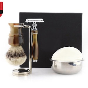 Handmade Horn Imitation 5pc Shaving Kit for Men Synthetic Silvertip Shaving Brush Shaving Stand Safety Razor Shaving Bowl & Soap Handmade