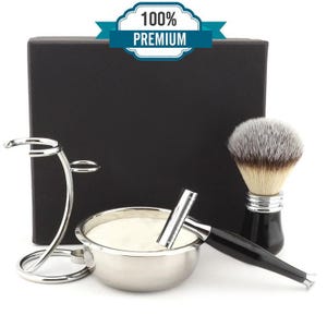 Handmade Personalized 5pc Shaving Kit for Men Synthetic Silvertip Shaving Brush Curved Shaving Stand Safety Razor Shaving Soap Shaving Bowl