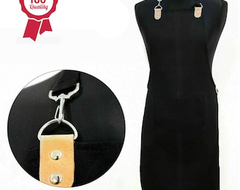 Delantal de peluquería de lona hecho a mano: babero negro para cortar el cabello con detalles de cuero