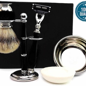 Handmade Premium 5pc Shaving Kit for Men Synthetic Silvertip Shaving Brush 3 Edge Razor Stand Shaving Soap Bowl Handmade Men&#39;s Shaving Kit