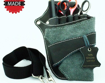 Funda de cuero hecha a mano para peluquería con cinturón, bolsa para herramientas de barbero, organizador de tijeras de peluquería