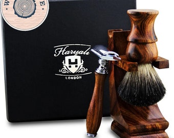 Luxury Wooden 3pc Mini Shaving Kit for Men Black Badger Shaving Brush Wooden Shaving Stand Safety Razor Zero Waste Shaving Gift Set