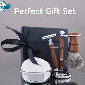 Handmade Wooden 5pc Shaving Kit for Men Super Badger Shaving Brush Shaving Stand Safety Razor Shaving Soap Shaving Bowl