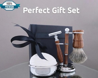 Handmade Wooden 5pc Shaving Kit for Men Super Badger Shaving Brush Shaving Stand Safety Razor Shaving Soap Shaving Bowl