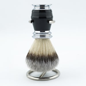 Handmade Premium Grade Synthetic Silvertip Shaving Brush with Brush Stand Minimalist Metallic Grooves Handle Shaving Brush for Men