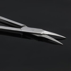 May include: Close-up of a pair of stainless steel surgical scissors with sharp pointed tips. The scissors are open and the blades are visible.