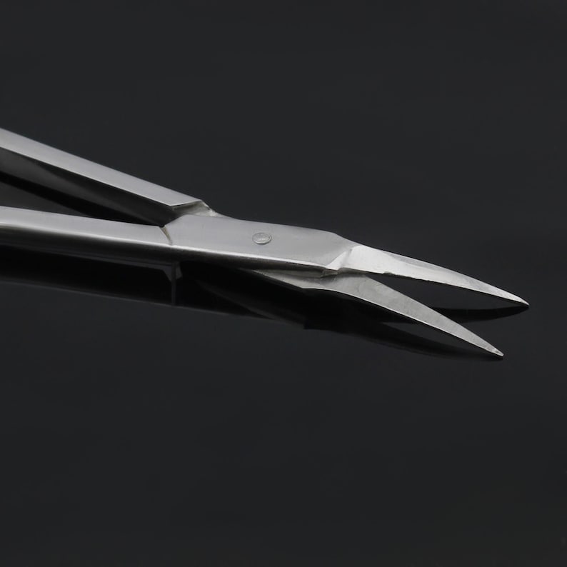 May include: Close-up of a pair of stainless steel surgical scissors with sharp pointed tips. The scissors are open and the blades are visible.