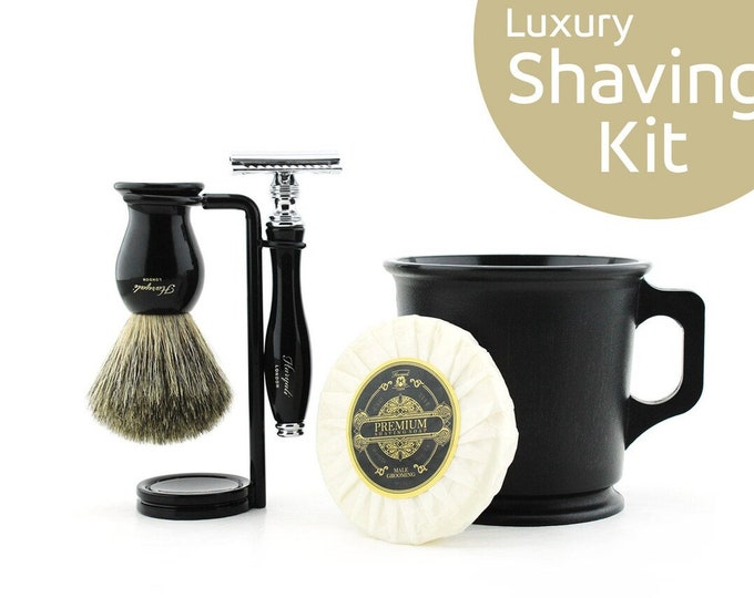 Elegant 5pc Shaving Set for Men Super Badger Shaving Brush Safety Razor Shaving Stand Shaving Soap Shaving Mug