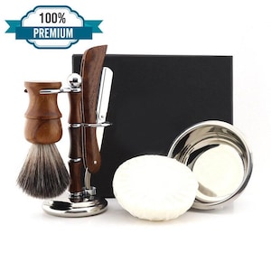 Handmade Wooden 5pc Cut Throat Razor Kit Synthetic Shaving Brush Shaving Stand Straight Razor Soap Steel Shaving Bowl Shaving Gift Set