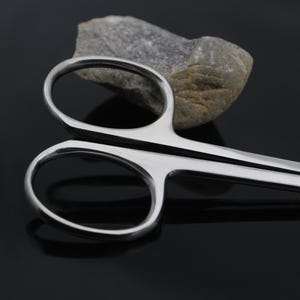 May include: A pair of stainless steel scissors with a silver finish. The scissors are open and the blades are sharp.