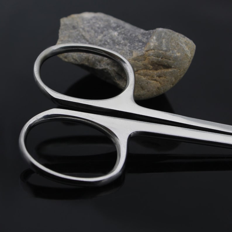 May include: A pair of stainless steel scissors with a silver finish. The scissors are open and the blades are sharp.