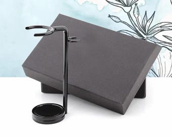 Handmade Black Stainless Steel Shaving Brush and Razor Holder Minimal Shaving Brush Stand and Razor Stand Dual-Slot Shaving Stand