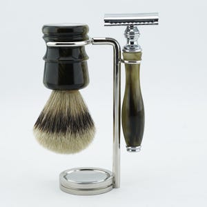 Handmade Horn Imitation 3pc Shaving Kit for Men Synthetic Silvertip Shaving Brush Chrome Stand Safety Razor Handmade Men&#39;s Shaving Kit