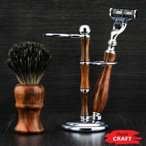 Wooden 3pc Shaving Kit for Men Black Badger Shaving Brush Dual-Slot Shaving Stand 3 Edge Shaving Razor Zero Waste Shaving Gift Set