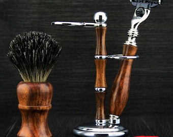 Wooden 3pc Shaving Kit for Men Black Badger Shaving Brush Dual-Slot Shaving Stand 3 Edge Shaving Razor Zero Waste Shaving Gift Set