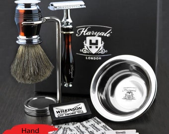 Men Complete Shaving Kit Box ! Double Edge Safety Razor, Lathering Shave Bowl, Brush Stand Holder Stainless Steel