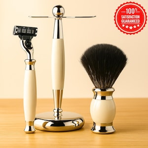 Handgefertigtes Premium 3tlg Rasierset für Männer Kunsthaar Rasierpinsel 3 Rand Rasierhobel Elegant Rasierständer Ivory Nachahmung