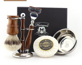 Luxury Wooden 5pc Shaving Kit for Men Silvertip Badger Shaving Brush 5 Edge Razor Shaving Stand Stainless Steel Shaving Bowl & Shaving Soap