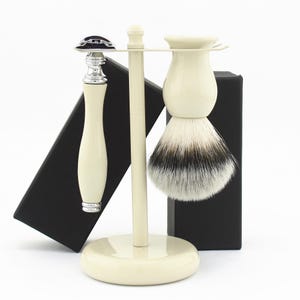 Ivory Shaving Kit with Brush double edge Razor Stand Mens Grooming Set Gift for Him Wet Shaving Accessories Classic Tool for Barbers & Dads
