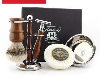 Premium Wooden 5pc Shaving Kit for Men Silvertip Badger Shaving Brush Shaving Stand Safety Razor Shaving Bowl & Soap Handmade