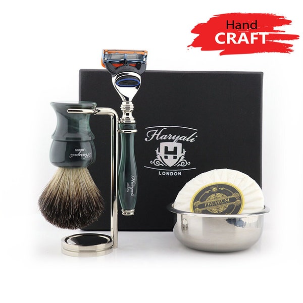 Premium 5pc Shaving Kit for Men Black Badger Shaving Brush 5-Edge Razor Shaving Stand Steel Shaving Bowl & Shaving Soap