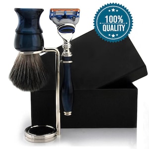 Handmade Special Edition 3pc Shaving Kit for Men Synthetic Hair Shaving Brush 5 Edge Shaving Razor Shaving Stand Vegan Royal Blue
