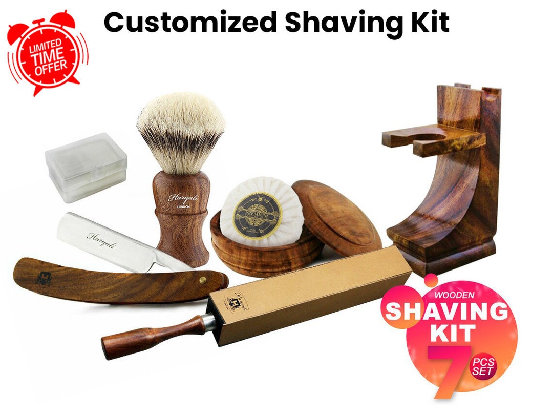 Cut Throat Razor Kit Wooden Shaving Kit Hand Made 7 Piece Men's Shaving