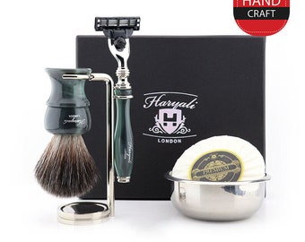 Premium 5pc Shaving Kit for Men Synthetic Shaving Brush 3 Edge Razor Shaving Stand Stainless Steel Shaving Bowl & Shaving Soap