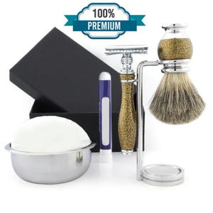 Handmade Antique Style 5pc Shaving Kit for Men Round Handle Synthetic Shaving Brush Shaving Stand Safety Razor Shaving Bowl Soap with Alum